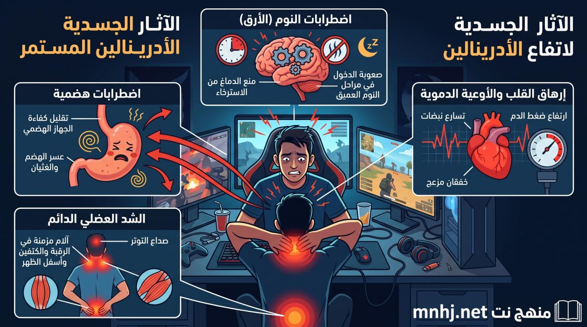 أضرار الألعاب الإلكترونية: كيف يؤثر ضغط الأدرينالين والتوتر المستمر على صحتك؟ 3 شبكة منهج نت التعليمية الآثار الجسدية لارتفاع الأدرينالين المستمر
يؤدي التعرض المتكرر لضغط الألعاب وإفراز الأدرينالين إلى مجموعة من المضار الجسدية، أبرزها:إرهاق القلب والأوعية الدموية: يتسبب الأدرينالين في تسارع نبضات القلب وارتفاع ضغط الدم بشكل كبير. تكرار هذا الأمر يومياً قد يؤدي إلى إجهاد عضلة القلب والشعور بالخفقان المزعج.
اضطرابات النوم (الأرق): بقاء مستويات الأدرينالين مرتفعة، خاصة عند اللعب في أوقات متأخرة من الليل، يمنع الدماغ من الاسترخاء ويصعب عملية الدخول في مراحل النوم العميق.
الشد العضلي الدائم: التوتر المصاحب للعب يسبب انقباضاً لاإرادياً في العضلات، مما يؤدي غالباً إلى آلام مزمنة في الرقبة، والكتفين، وأسفل الظهر، بالإضافة إلى الصداع الناتج عن التوتر.
اضطرابات هضمية: أثناء إفراز الأدرينالين، يوجه الجسم الدم نحو العضلات والدماغ، مما يقلل من كفاءة الجهاز الهضمي ويسبب مشاكل مثل عسر الهضم والغثيان.