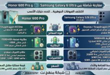 مقارنة شاملة بين Honor 600 Pro وSamsung Galaxy S26 Ultra (512GB). اكتشف الفروقات الجوهرية في قوة المعالج، البطارية، الكاميرات، والسعر لتحدد خيارك الأنسب 1 شبكة منهج نت التعليمية مقارنة شاملة بين جوال Honor 600 Pro وجوال Samsung Galaxy S26 Ultra 512GB في قوة المعالج البطارية الكاميرات والسعر