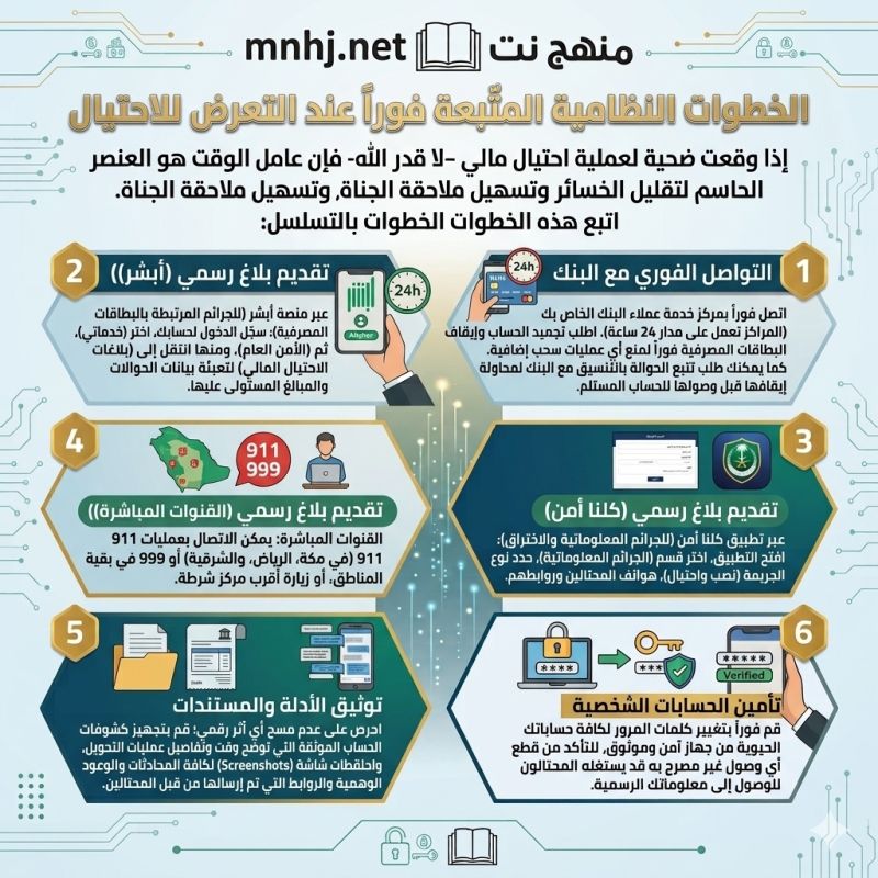 🛡️ الدليل الشامل لمكافحة الاحتيال المالي الإلكتروني: من الوعي الرقمي إلى الإجراء النظامي 3 شبكة منهج نت التعليمية الخطوات النظامية المتّبعة فوراً عند التعرض للاحتيال
إذا وقعت ضحية لعملية احتيال مالي -لا قدر الله- فإن عامل الوقت هو العنصر الحاسم لتقليل الخسائر وتسهيل ملاحقة الجناة. اتبع هذه الخطوات بالتسلسل:
الخطوة 1: التواصل الفوري مع البنك
اتصل فوراً بمركز خدمة عملاء البنك الخاص بك (المراكز تعمل على مدار 24 ساعة). اطلب تجميد الحساب وإيقاف البطاقات المصرفية فوراً لمنع أي عمليات سحب إضافية. كما يمكنك طلب تتبع الحوالة بالتنسيق مع البنك لمحاولة إيقافها قبل وصولها للحساب المستلم.
الخطوة 2: تقديم بلاغ رسمي للجهات الأمنية
وفرت وزارة الداخلية مسارات رقمية سريعة لرفع البلاغات بحسب نوع الاحتيال:
• عبر منصة أبشر (للجرائم المرتبطة بالبطاقات المصرفية): سجّل الدخول لحسابك، اختر (خدماتي)، ثم (الأمن العام)، ومنها انتقل إلى (بلاغات الاحتيال المالي) لتعبئة بيانات الحوالات والمبالغ المستولى عليها.
• عبر تطبيق كلنا أمن (للجرائم المعلوماتية والاختراق): افتح التطبيق، اختر قسم (الجرائم المعلوماتية)، حدد نوع الجريمة (نصب واحتيال)، وأرفق الأدلة من لقطات شاشة أو أرقام هواتف المحتالين وروابطهم.
• القنوات المباشرة: يمكن الاتصال بعمليات 911 emergency services (في مكة، الرياض، والشرقية) أو 999 في بقية المناطق، أو زيارة أقرب مركز شرطة.
الخطوة 3: توثيق الأدلة والمستندات
احرص على عدم مسح أي أثر رقمي؛ قم بتجهيز كشوفات الحساب الموثقة التي توضح وقت وتفاصيل عمليات التحويل، واحتفظ بلقطات شاشة (Screenshots) لكافة المحادثات والوعود الوهمية والروابط التي تم إرسالها من قبل المحتالين.
الخطوة 4: تأمين الحسابات الشخصية
قم فوراً بتغيير كلمات المرور لكافة حساباتك الحيوية من جهاز آمن وموثوق، للتأكد من قطع أي وصول غير مصرح به قد يستغله المحتالون للوصول إلى معلوماتك الرسمية.