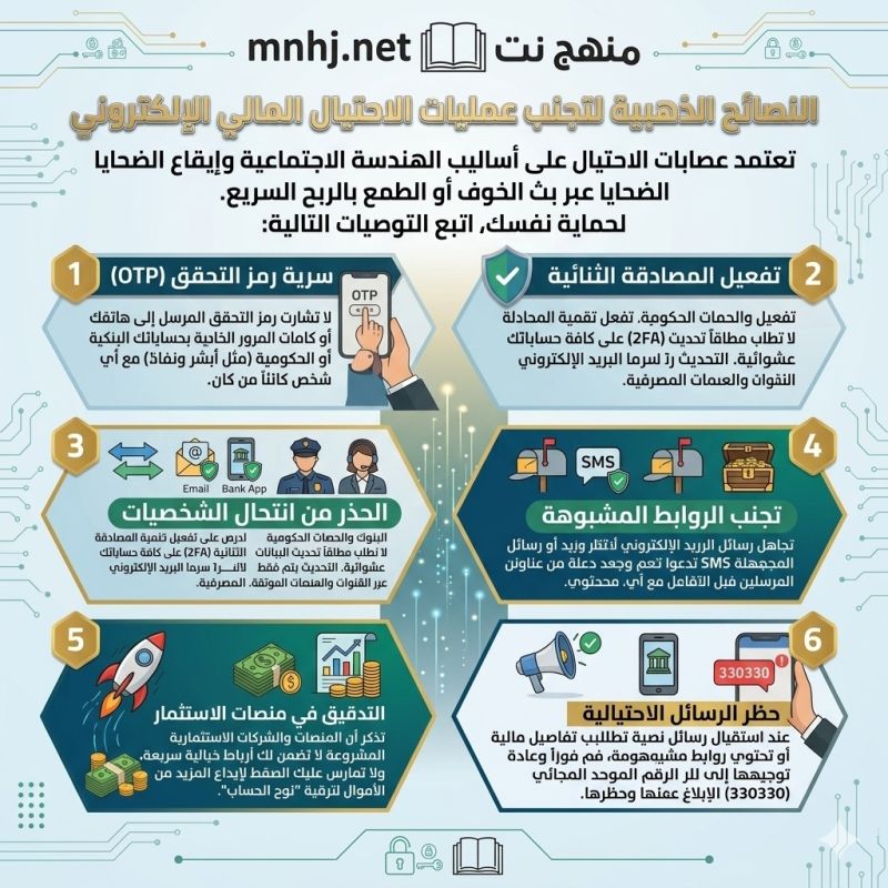 🛡️ الدليل الشامل لمكافحة الاحتيال المالي الإلكتروني: من الوعي الرقمي إلى الإجراء النظامي 2 شبكة منهج نت التعليمية ثانياً: نصائح ذهبية لتجنب عمليات الاحتيال المالي الإلكتروني
تعتمد عصابات الاحتيال على أساليب الهندسة الاجتماعية وإيقاع الضحايا عبر بث الخوف أو الطمع بالربح السريع. لحماية نفسك، اتبع التوصيات التالية:
1. سرية رمز التحقق (OTP): لا تشارك رمز التحقق المرسل إلى هاتفك أو كلمات المرور الخاصة بحساباتك البنكية أو الحكومية (مثل أبشر ونفاذ) مع أي شخص كائناً من كان.
2. تفعيل المصادقة الثنائية: احرص على تفعيل خاصية المصادقة الثنائية (2FA) على كافة حساباتك الحساسة، لا سيما البريد الإلكتروني والتطبيقات المصرفية.
3. الحذر من انتحال الشخصيات: البنوك والجهات الحكومية لا تطلب مطلقاً تحديث البيانات أو الهويات عبر مكالمات هاتفية أو روابط عشوائية. التحديث يتم فقط عبر القنوات والمنصات الموثقة.
4. تجنب الروابط المشبوهة: تجاهل رسائل البريد الإلكتروني أو رسائل SMS المجهولة التي تدعي وجود شحنات معلقة أو فوزك بجوائز. تأكد دائماً من عناوين المرسلين قبل التفاعل مع أي محتوى.
5. التدقيق في منصات الاستثمار: تذكر أن المنصات والشركات الاستثمارية المشروعة لا تضمن لك أرباحاً خيالية سريعة، ولا تمارس عليك الضغط لإيداع المزيد من الأموال لترقية "نوع الحساب".
6. حظر الرسائل الاحتيالية: عند استقبال رسائل نصية تطلب تفاصيل مالية أو تحتوي روابط مشبوهة، قم فوراً بإعادة توجيهها إلى الرقم الموحد المجاني (330330) للإبلاغ عنها وحظرها.